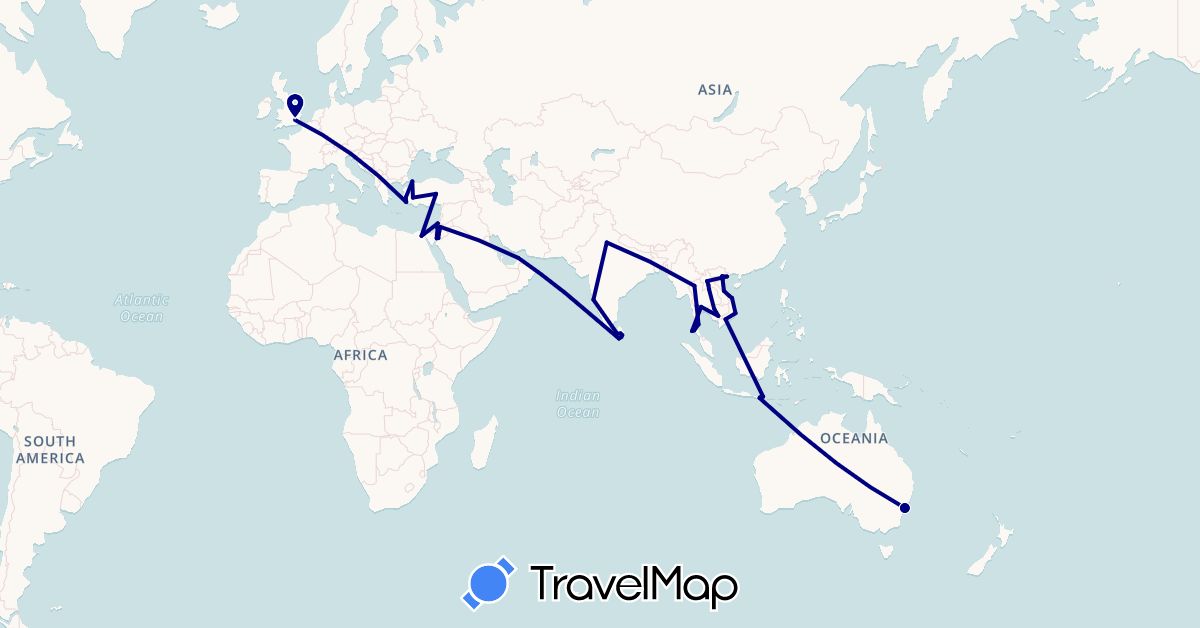 TravelMap itinerary: driving in United Arab Emirates, Australia, Egypt, United Kingdom, Indonesia, Israel, India, Jordan, Cambodia, Laos, Sri Lanka, Thailand, Turkey, Vietnam (Africa, Asia, Europe, Oceania)